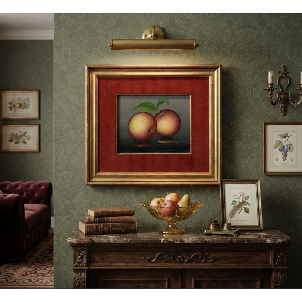 Vintage Still Life Apple Oil Painting Gold Frame Red Velvet Mat Signed Senilt